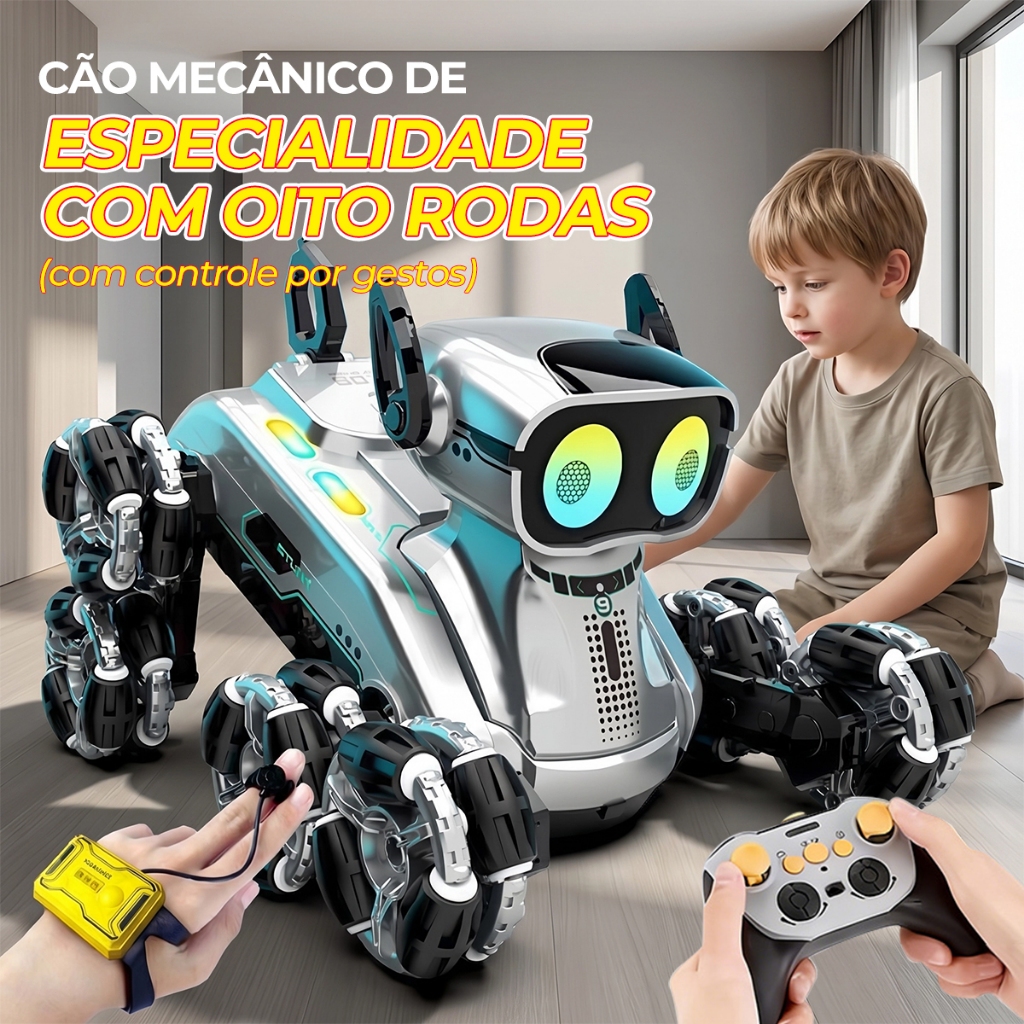 Cachorro Robô Inteligente com Controle Remoto, 8 Rodas e Sensores de Mão