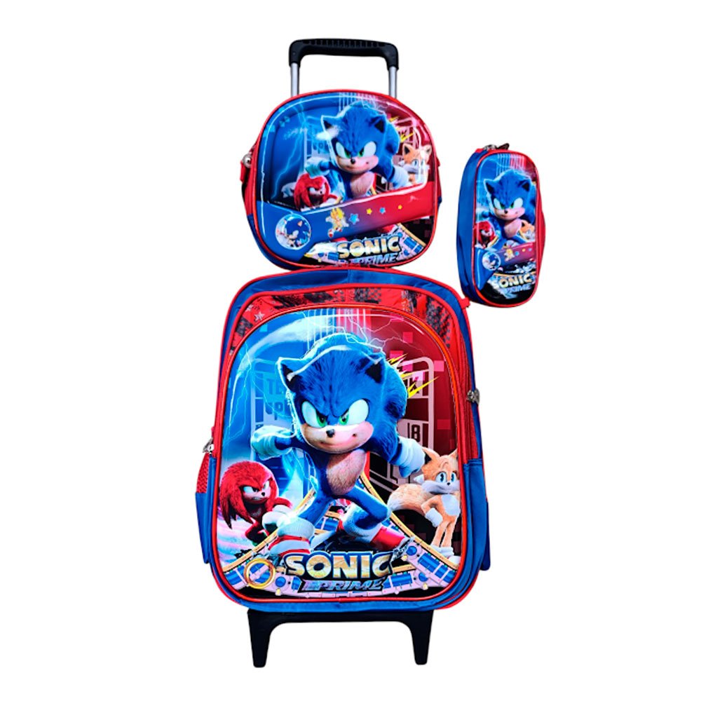 Kit Mochila Sonic com Rodinhas Escolar Infantil em 3D + Lancheira Térmica + Estojo Escolar