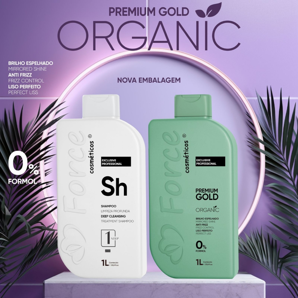 Kit Progressiva Orgânica Force Premium Gold + Shampoo 1L + Argan Oil –  0% Formol
