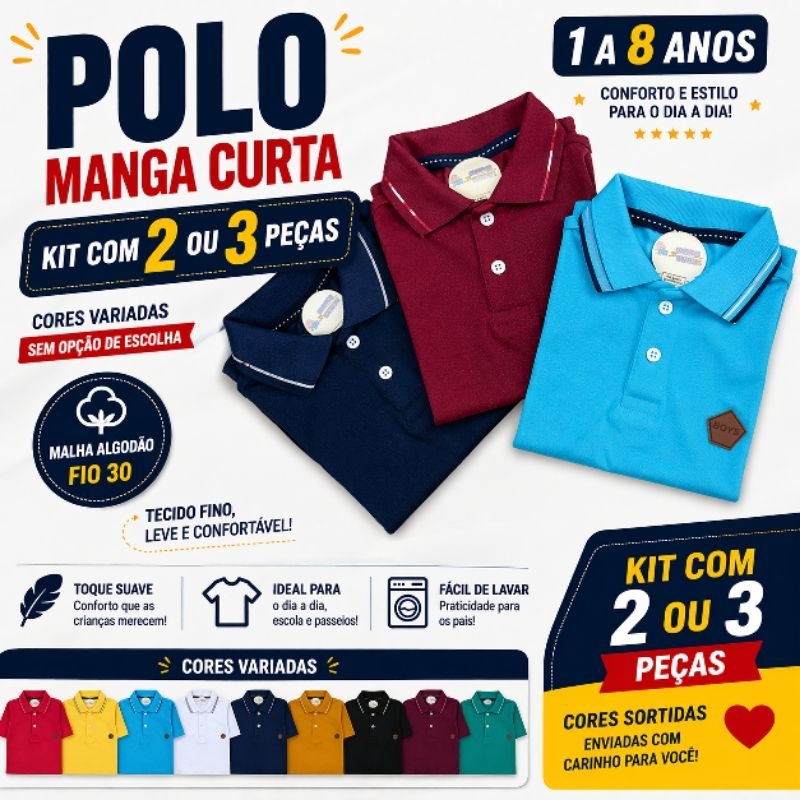 Kit Camisetas Polo Infantil Masculina 2 ou 3 Peças | Cores Sortidas | Confortável Dia a Dia