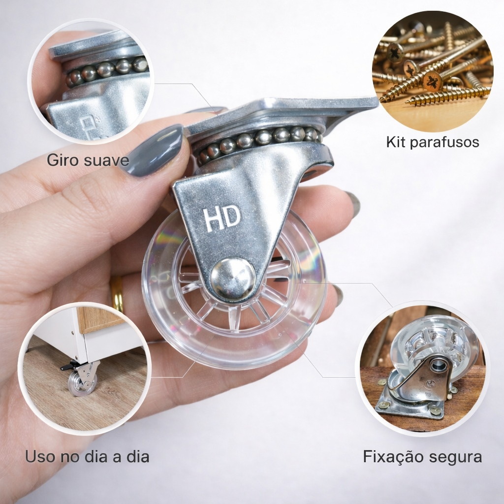 Rodízios Silicone 50mm Giratórios Para Vasos- Mesas- Prateleiras e Móveis- Kit 4 Rodinhas + Parafuso em Oferta na Shopee
