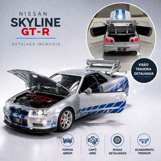 Miniatura Skyline R34 1:24 - 1:32 Die Cast Prata JDM Com Som e Farol
