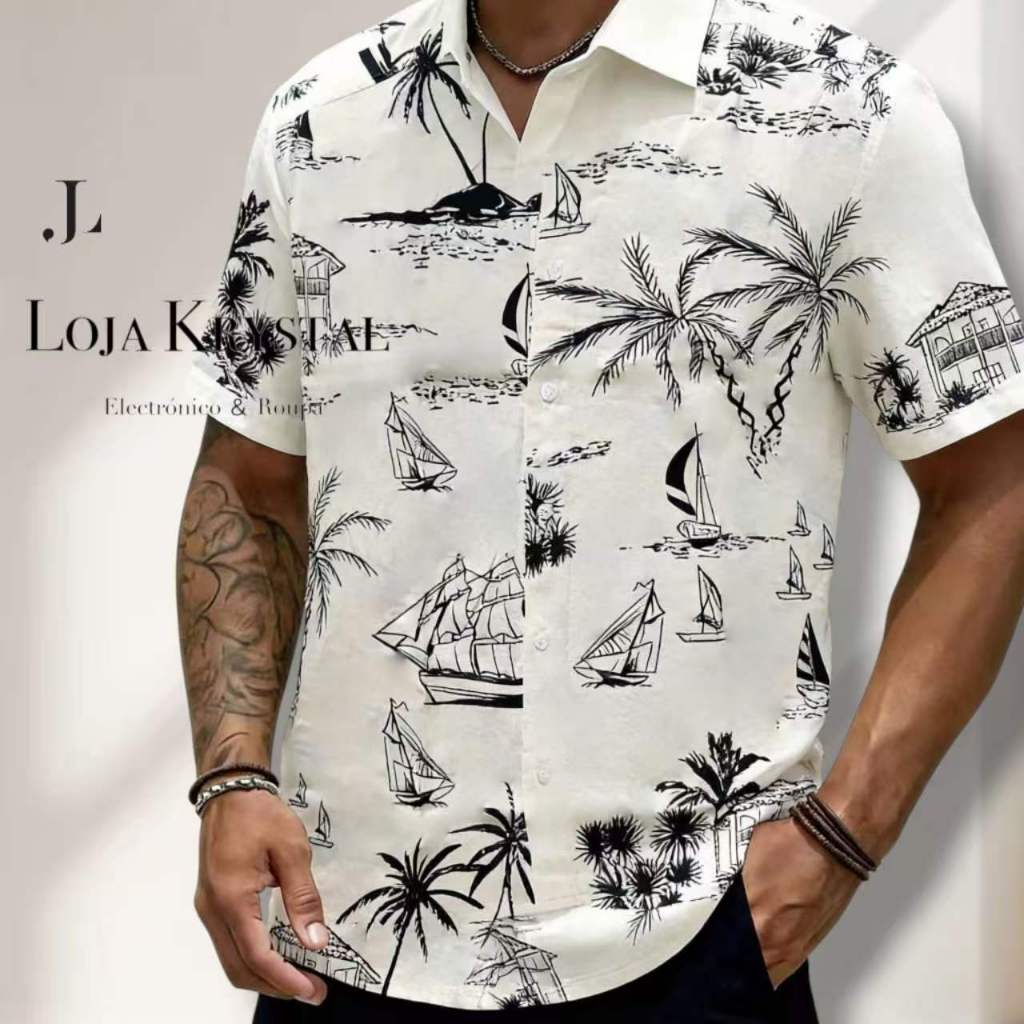 LK   Camisa Masculina Havaiana Floral Manga Curta com Botões Social Verão Multicores P-GG