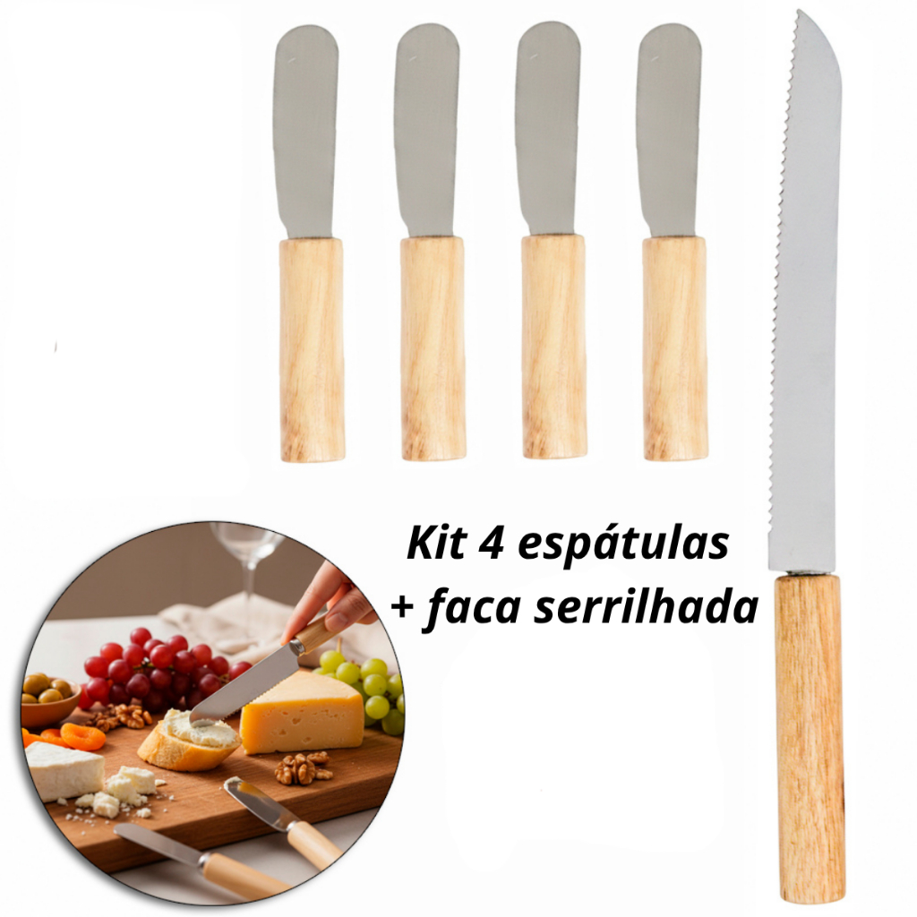 Kit Espátula Patê Manteiga 4 peças + Faca de Pão Cabo Madeira