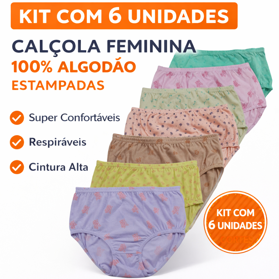 Kit 06 Calçola Estampada 100% Algodão Calcinha Senhora Feminina Cintura Alta Confortável Promoção