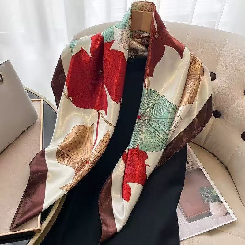 Lenços Estamapa Folha de Lótus Cetim Seda Elegante Primavera 90x90 Lenços da Moda cachecol Cetim Cabeça Pescoço