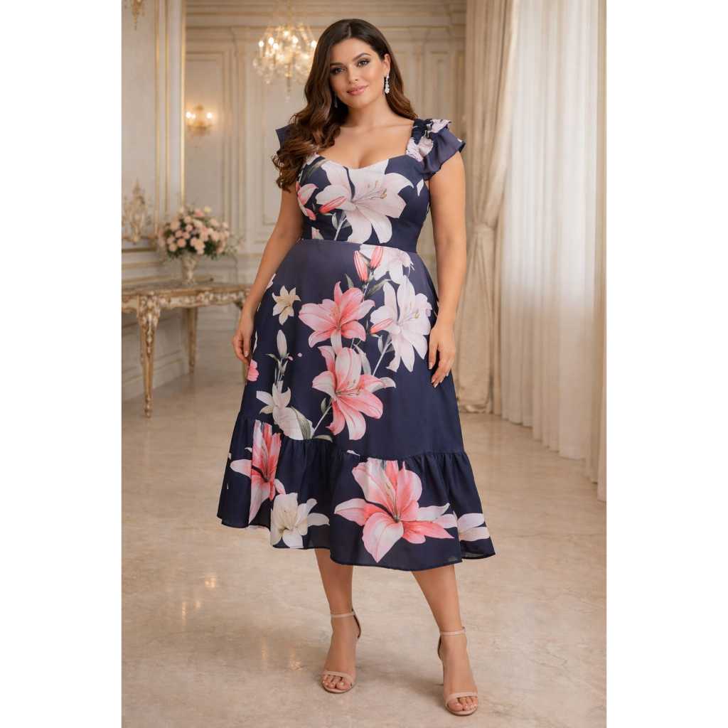 Vestido  Longo Plus Size Duna que Não Amassa com Babado e Lastex nas Costas – G1 48/50