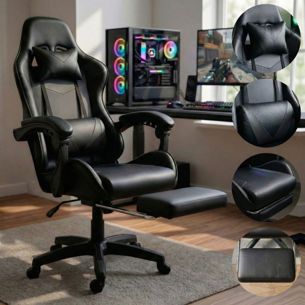 Imagem Cadeira Gamer Preta Ergonômica Reclinável Confortável Com Rodinha