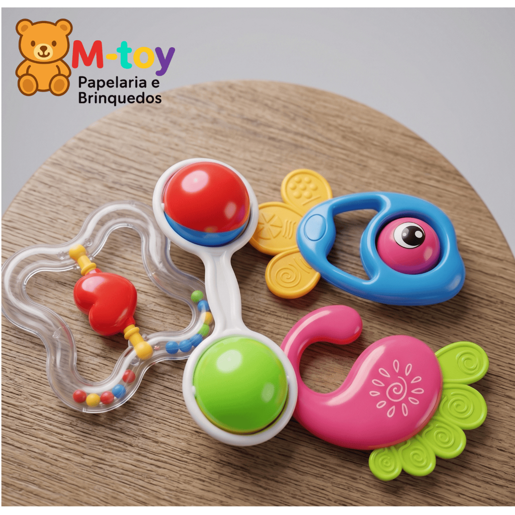 Kit Chocalho Bebê Colorido Sensorial Mordedor Infantil Educativo Seguro 3+ Meses