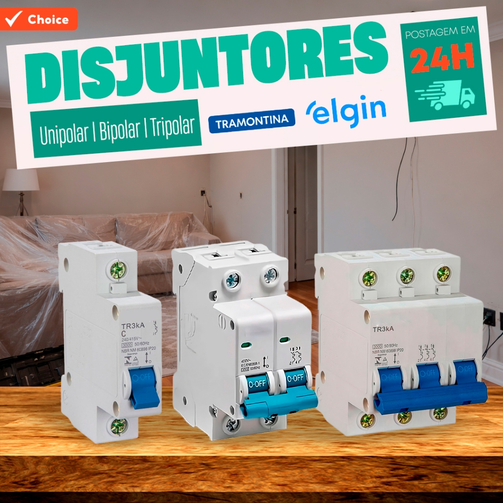 Disjuntor 10A a 63A Unipolar Bipolar Tripolar Tramontina / Elgin – Proteção Elétrica DIN 127/220V