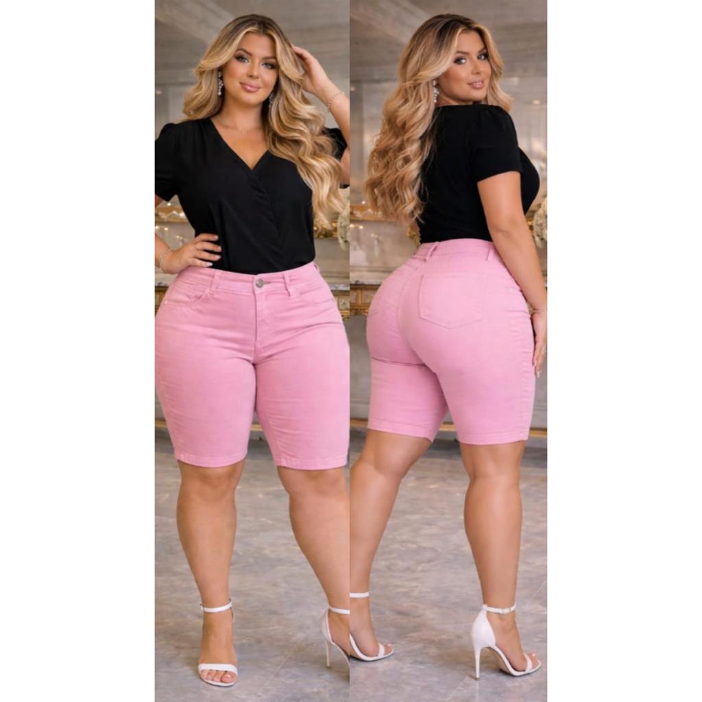 Bermuda Ciclista Feminina  PLUS SIZE ROSA Cintura Alta com Lycra Modelagem Com Pinça