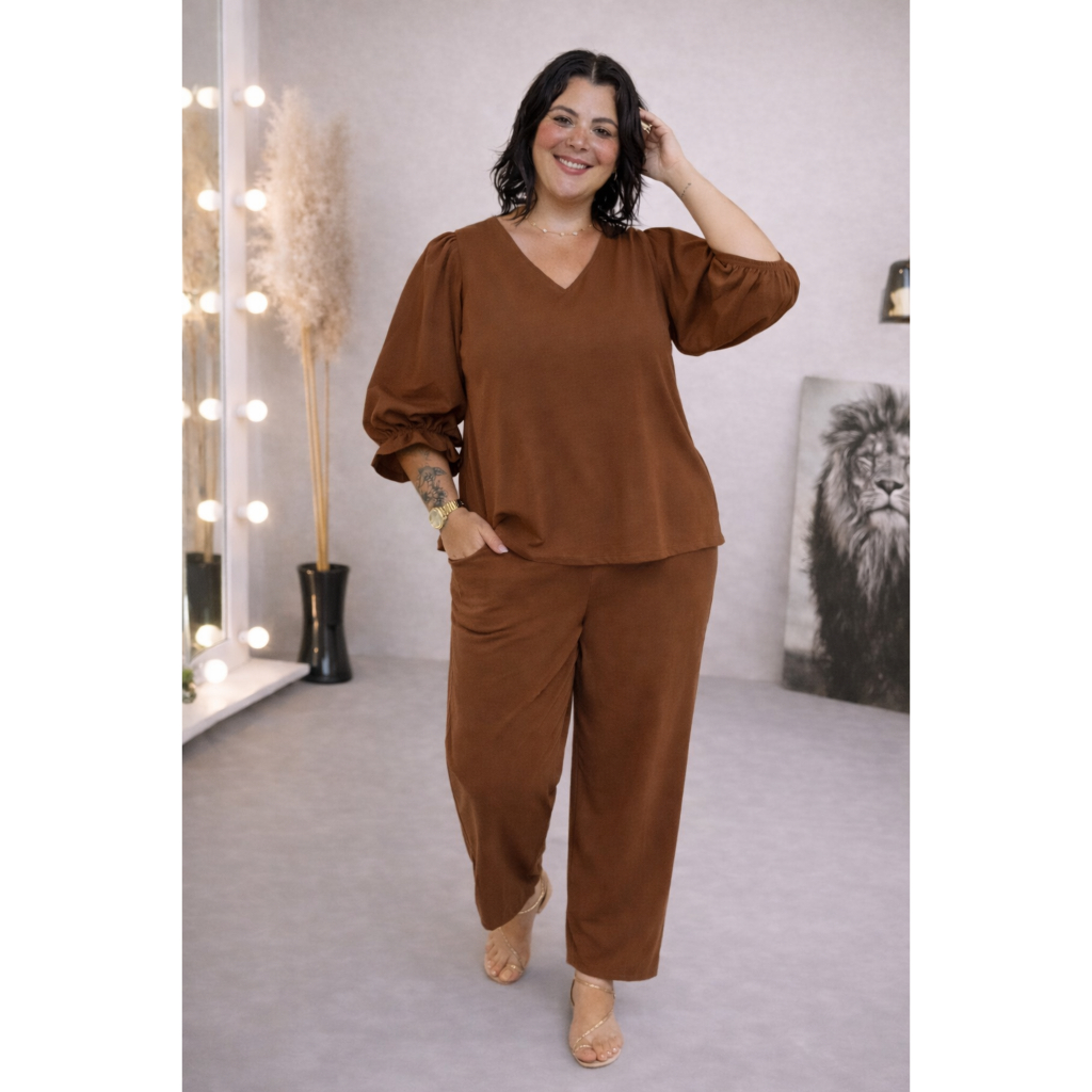 Conjunto de calça Social Plus Size Trabalho Calça Bolso Cintura Regulável Cinto Professora escritório dia a dia