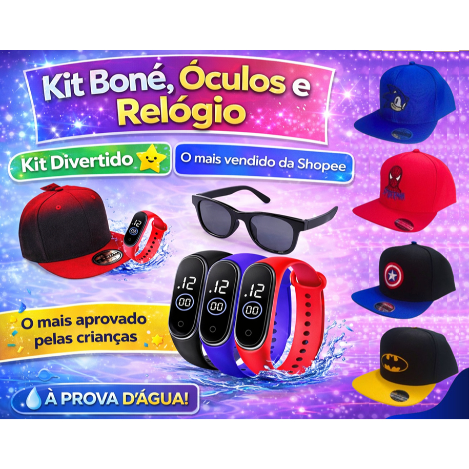 Óculos Chapéu Boné Relógio Infantil Digital Super Heróis Homem Aranha Batman Sonic Capitão América