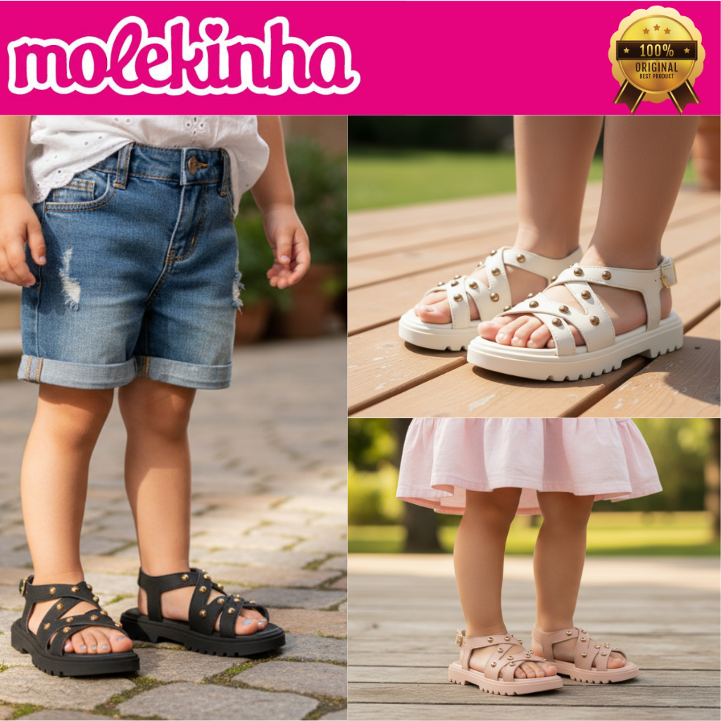 Sandália Infantil Feminina Molekinha Tratorada Confortável Menina Fashion Detalhes Dourados 2344152 Original