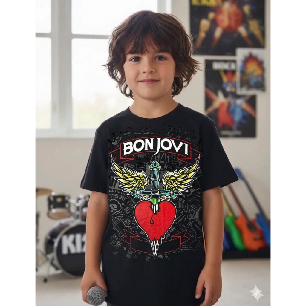 Camiseta Infantil Infanto Juvenil Bon Jovi Banda De Rock Musica Moda Luxo Grife Casual Estampado