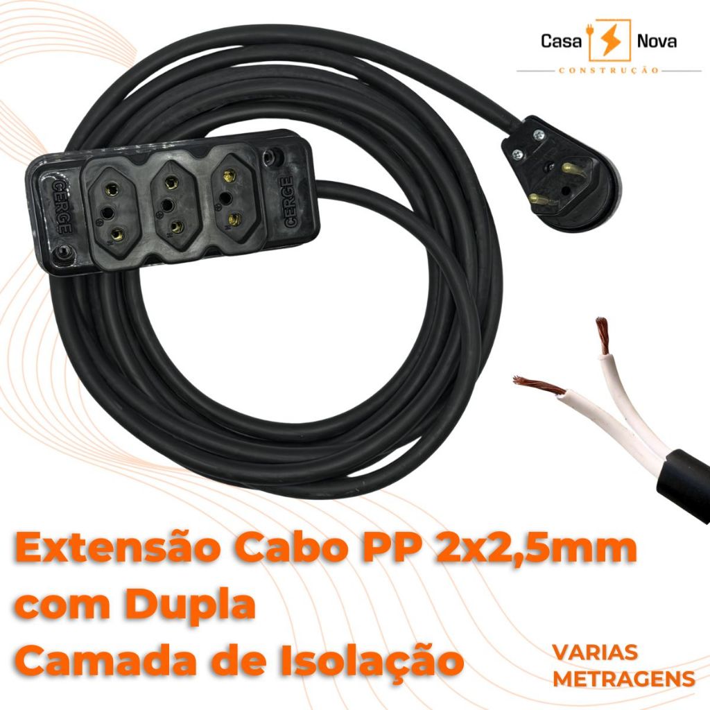 Extensão Elétrica Cabo PP 2X2.50mm - 5/10/15/20/25/30 metros - 10/20A - Bivolt