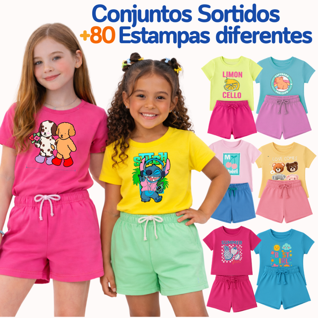 Kit de Roupa Menina Infantil Personagens Verão conjunto Feminino Calor Barbie Stitch Minnie Sortidos em Oferta na Shopee