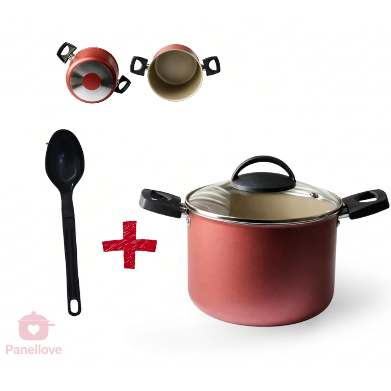 Caldeirão Fervedor Caçarola  com Tampa de Vidro e Colher Antiaderente Teflon 16cm Cor Cereja