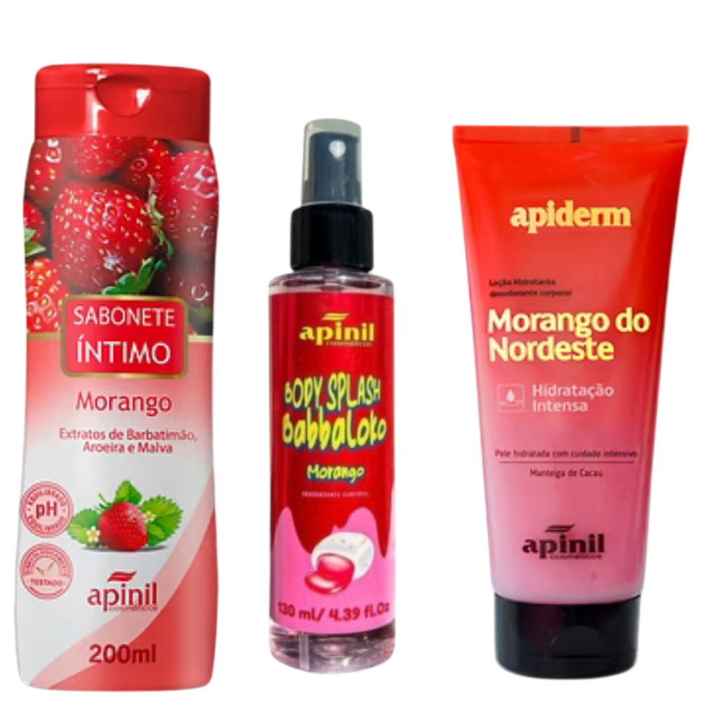 Kit Hidratante Corporal + Body Splash + Sabonete ínitimo aroma Morango- Apinil