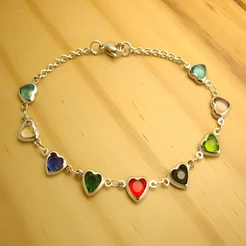 INOX - Pulseira Feminina Aço Inox Cor Prata - Corações Cristais Coloridos - Vários Tamanhos