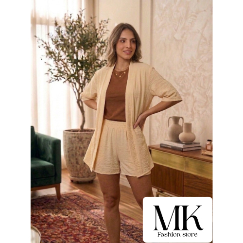 Conjunto Feminino Kimono com Short Elegante em Duna Liso