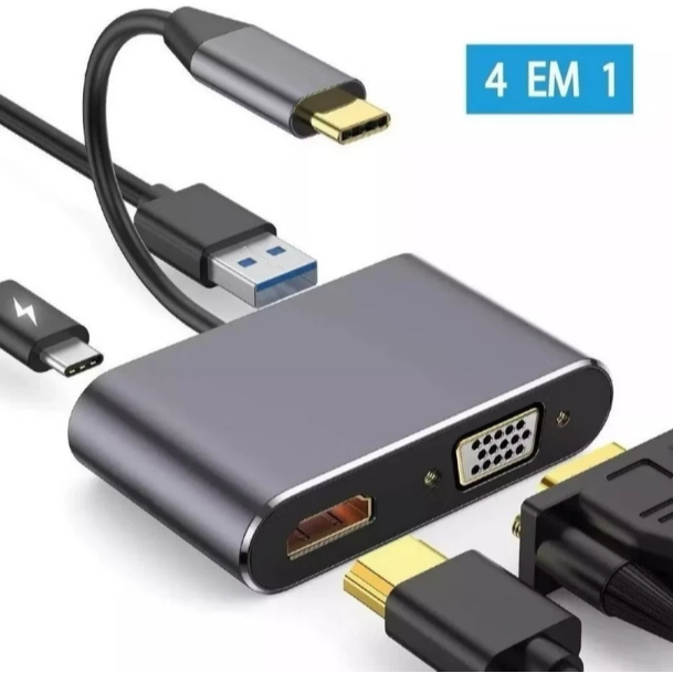Adaptador HUB Tipo C 4 em 1 para Usb 3.0 Tipo C Hd 4k Vga Hdmi