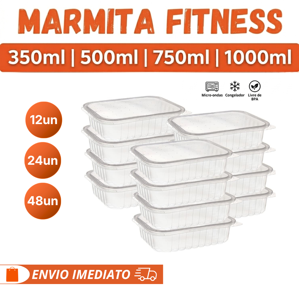 Kit 12/24/48 Potes Marmita Fitness com Tampa Para Microondas e Freezer 350ml 500ml 750ml 1000ml