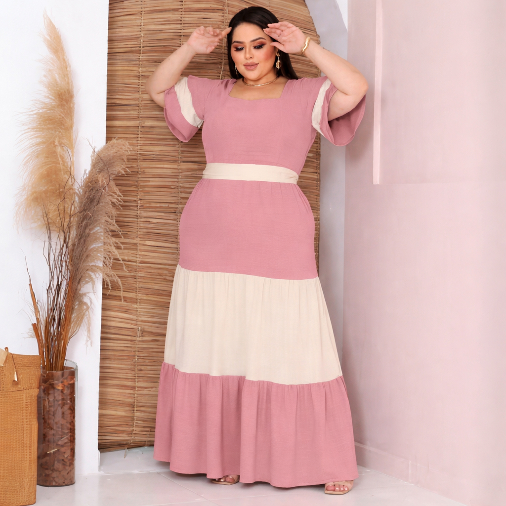 Vestido feminino bicolor PLUS SIZE Longo DUAS MARIAS  COM CINTO, DECOTE QUADRADO, ELASTEX NAS COSTAS