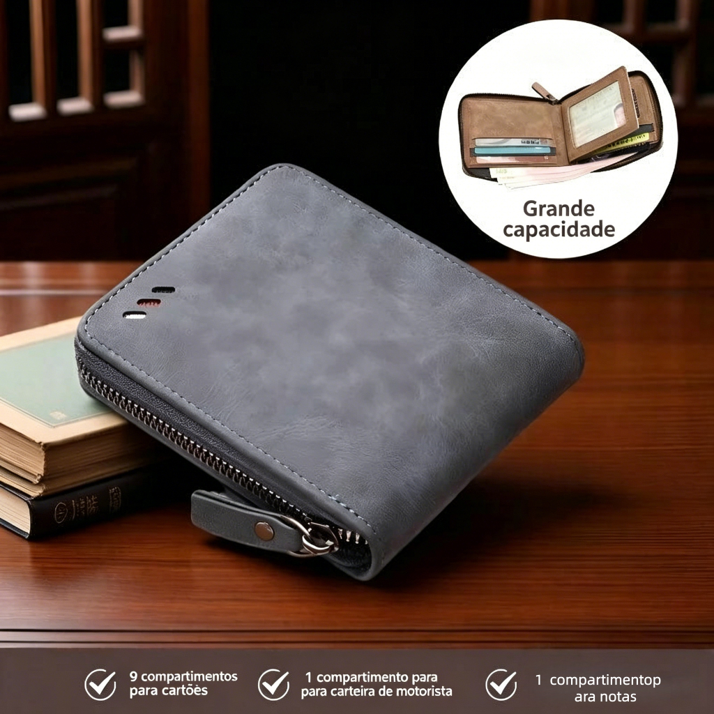 Carteira curta masculina em PU, grande capacidade, múltiplos slots. Presente ideal para aniversário.