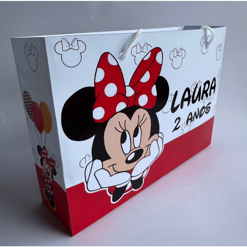 Sacolinha Surpresa G Minnie Branco e Vermelho Personalizada com nome Festa Infantil Chá Aniversário Lembrancinhas