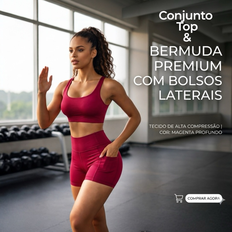 Conjunto Fitness Feminino Academia Corrida Exercícios Top de Alta Sustentação e Short C/ Bolso Suplex Premium
