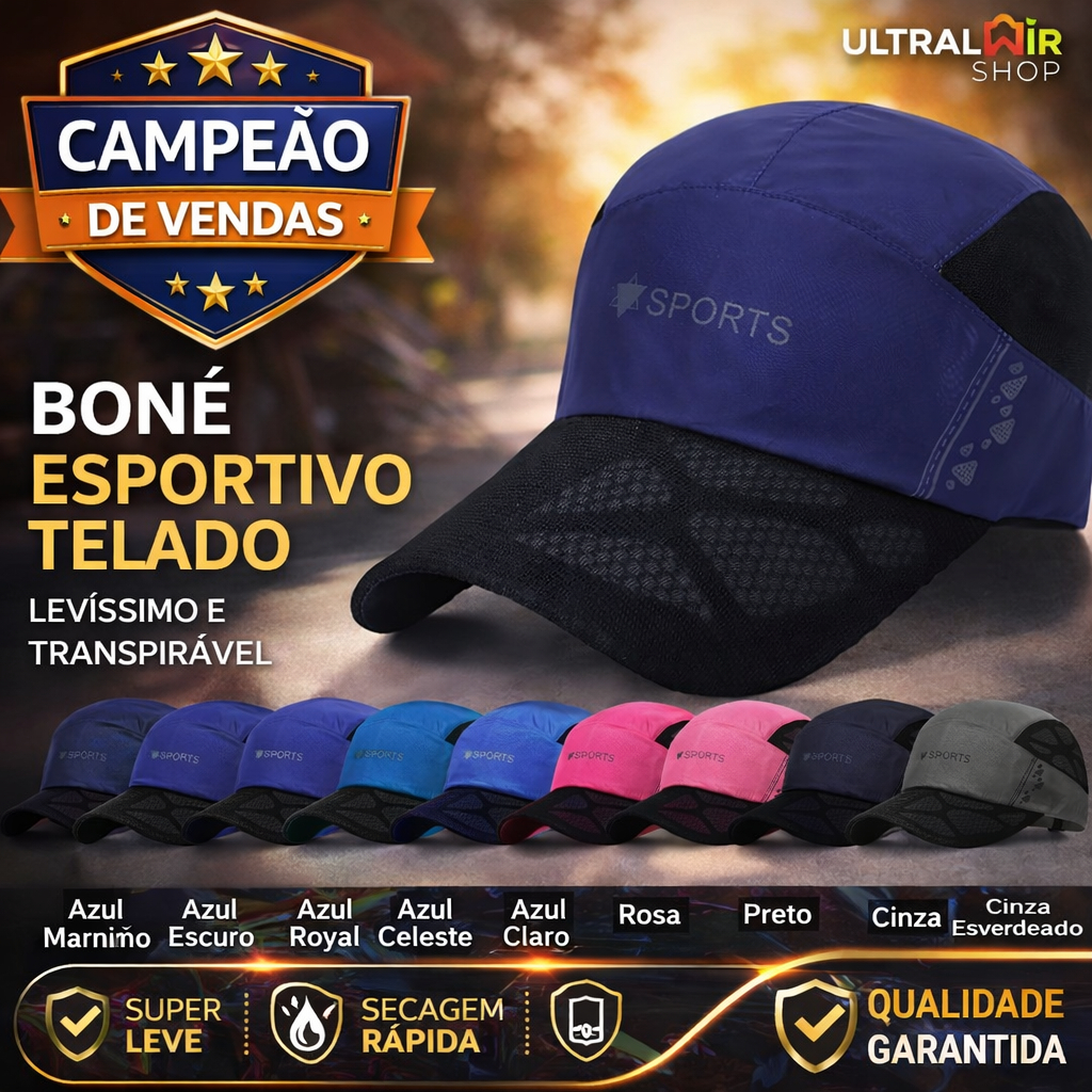 Boné Esportivo Telado Respirável Secagem Rápida Corrida Caminhada Proteção Solar Ajustável Unissex