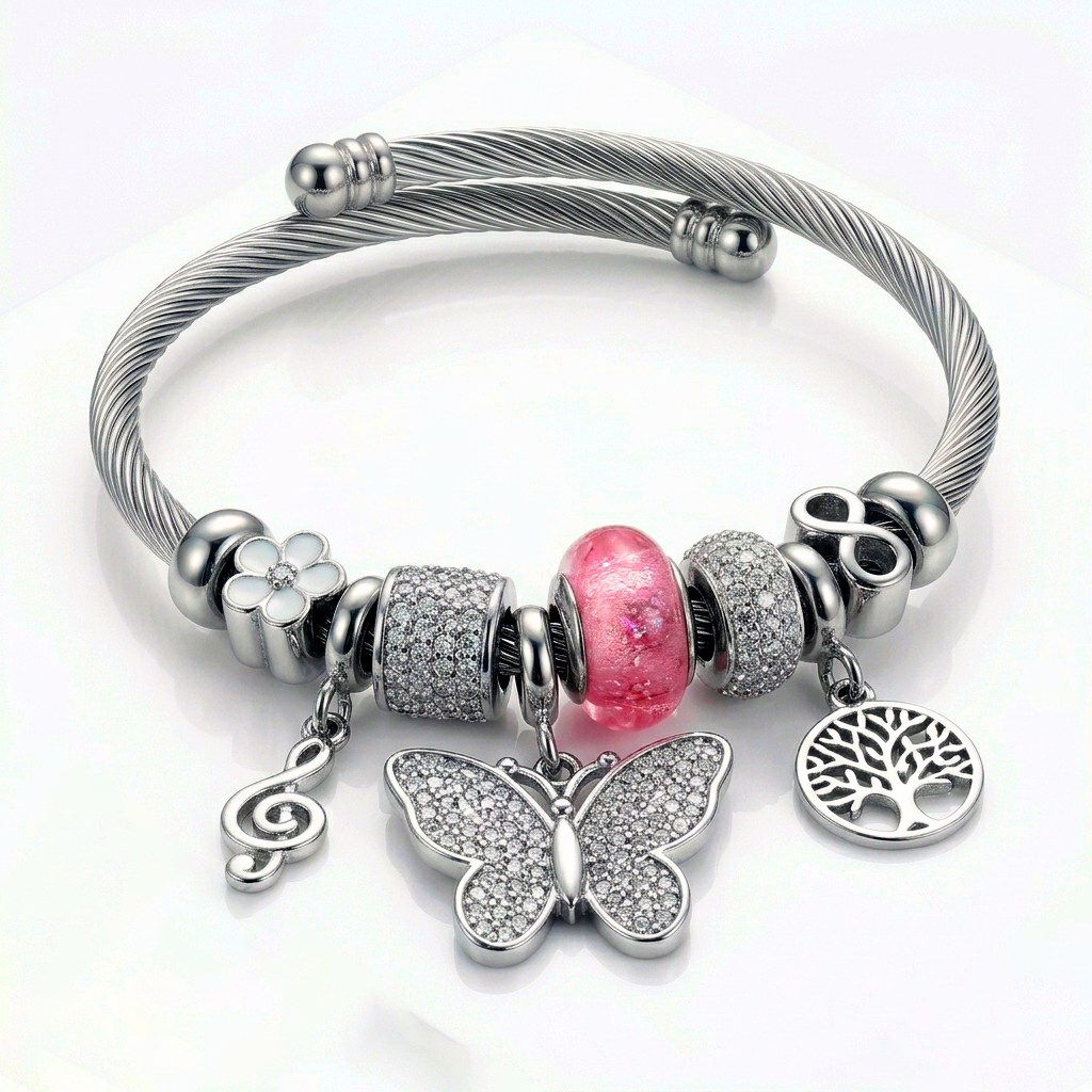 Pulseira Berloques Aço Inox Ajustável Estilo Feminina Com Pingentes Acessórios