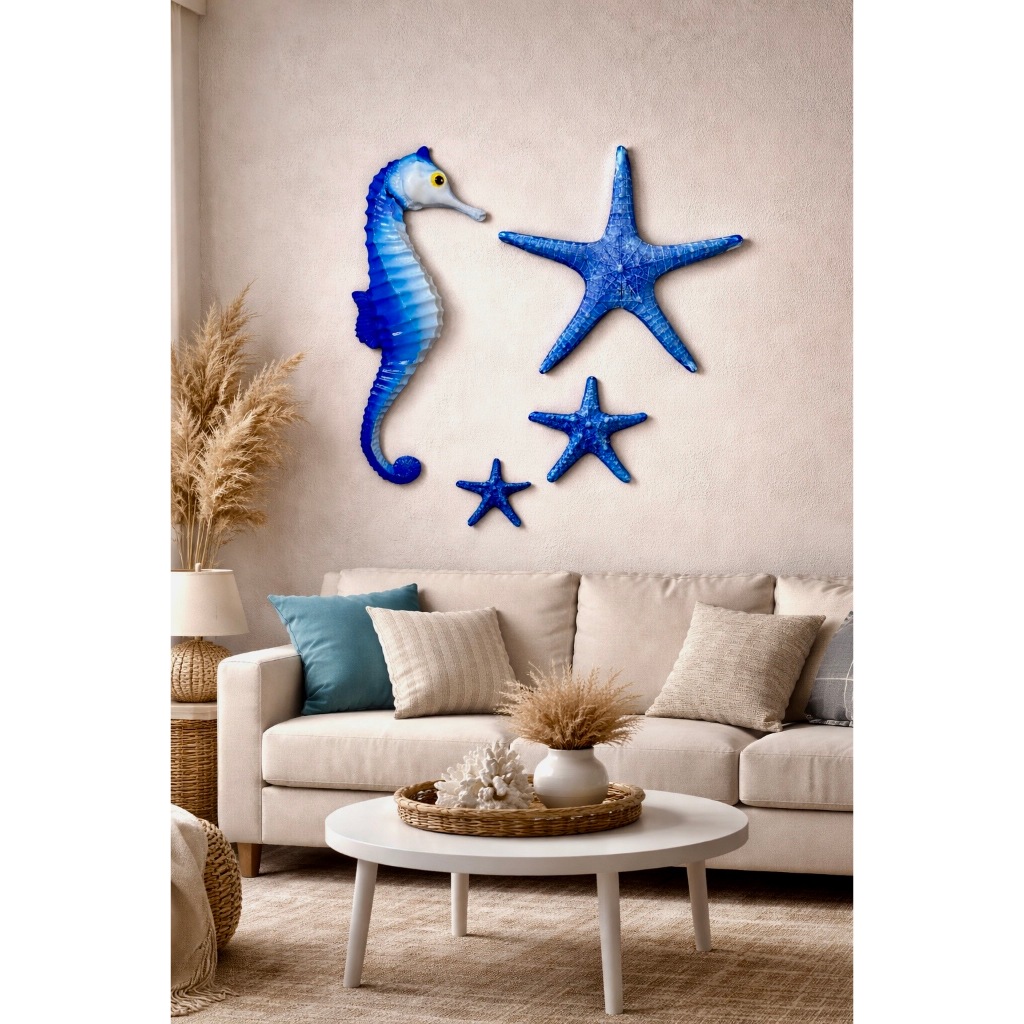 kit 3 esrela do mar azul com cavalo marinho decoração de parede casa picina ambientes modernos
