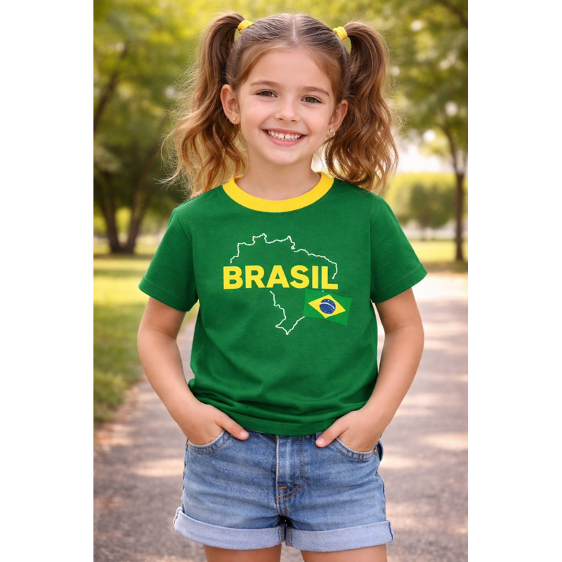 Camiseta Do Brasil Infantil Unissex Estampa Em Dtf Apenas Na Frente Malha 100% Algodão
