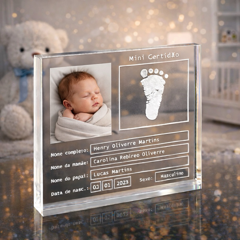 Mini Certidão de Nascimento em Acrílico 10x10cm Premium | Foto + Dados Personalizados | Lembrancinha Luxo para Encantar
