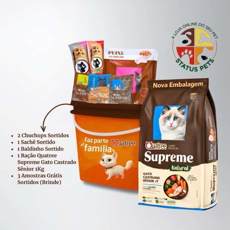 KIT Premium Quatree Supreme Gatos Castrados Sênior Sabor Salmão e Frango + Petiscos + Balde Brinde