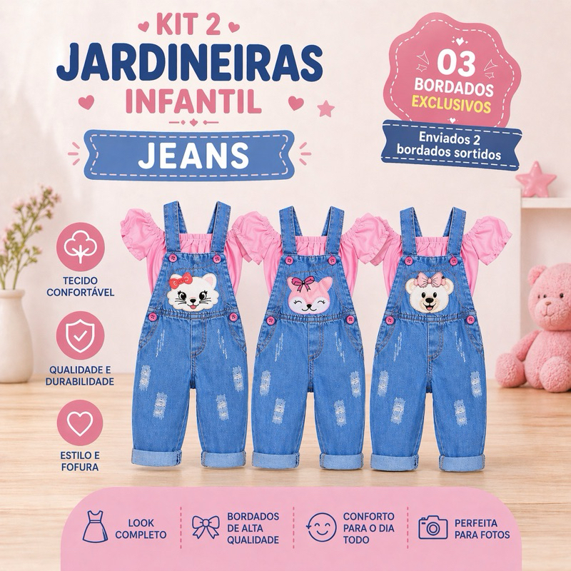 Kit 2 Jardineiras calça longa Jeans Macacão Infantil Menina