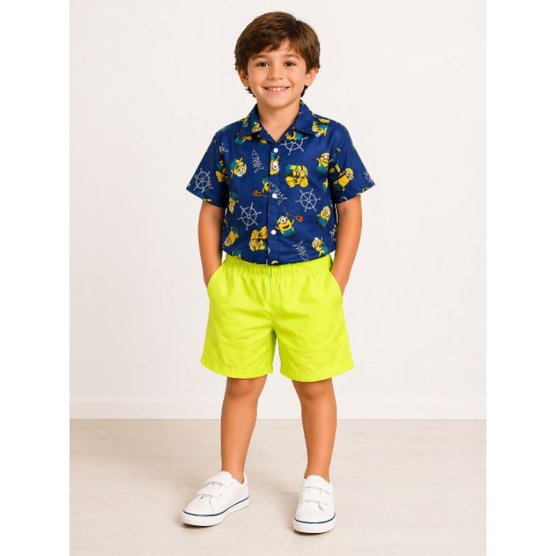 Conjunto Infantil Masculino Camisa Estampada + Bermuda Neon Verde Menino Verão Roupa Infantil Tam G