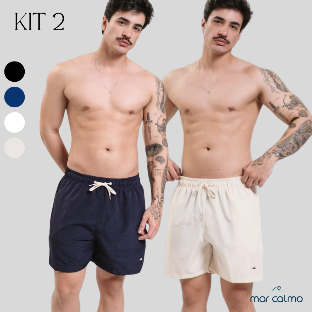 Kit 2 short masculino tactel mauricinho 3 bolsos elastano premium cadarço cru corrida caminhada academia praia surf