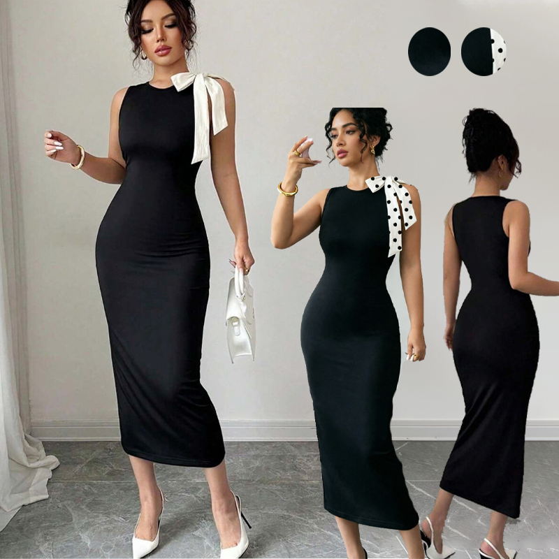 Vestido elegante feminino Vestido Tubinho Curto Feminino com Bloco de Cor e Gola de Gravata Vestidos