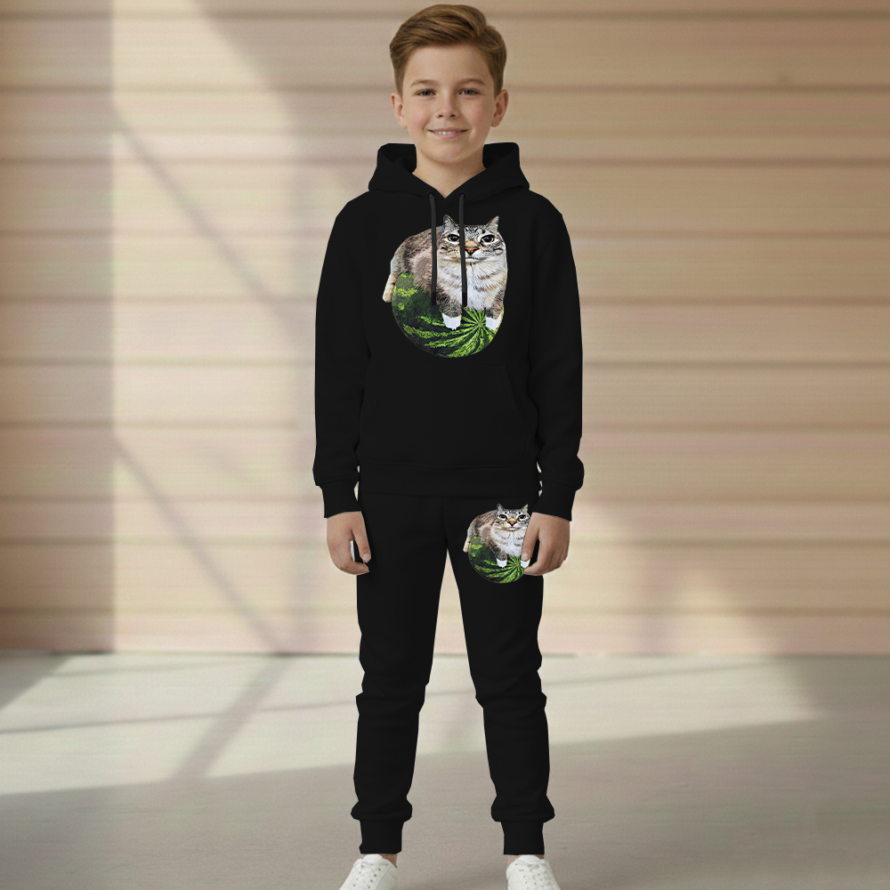 Conjunto Moletom Gato Melancia Infantil Blusa Canguru e Calça Flanelado Do Tamanho 2 ao 16
