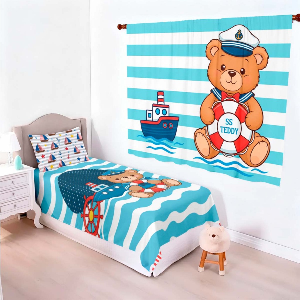 Enxoval Infantil Ursinho Marinheiro Cortina Estampada + Jogo De Cama Decoração Quarto Baby Menino