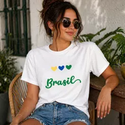 Tshirt Feminina Brasil Corações Minimalista Moda Casual 100% Algodão