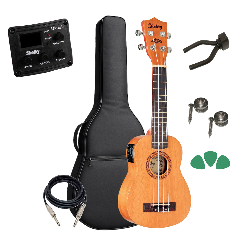 Ukulele Soprano Shelby Su21m Elétrico + Kit E Suporte Natura