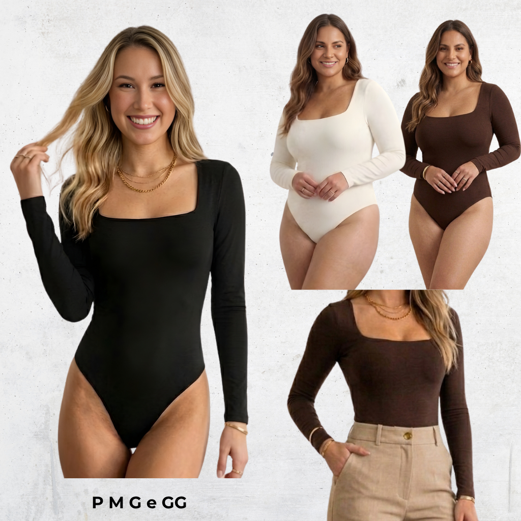 Body Feminino Manga Longa Decote Quadrado Elegante Moda Gringa Blogueira Blusa Modela Suplex Premium