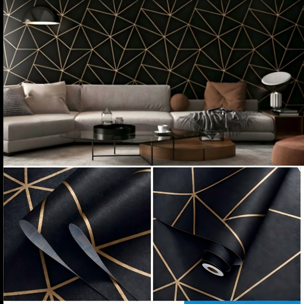 Papel de parede Zara Preto e Dourado Geometrico Moderno 5 Metros x 45cm Triangulo Sala, Quarto