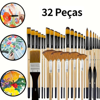 Kit 32 Peças Pincéis De Pintura Para Acrílica, Cerdas De Nylon Premium Com Redondo, Filbert, Plano, Ventilador