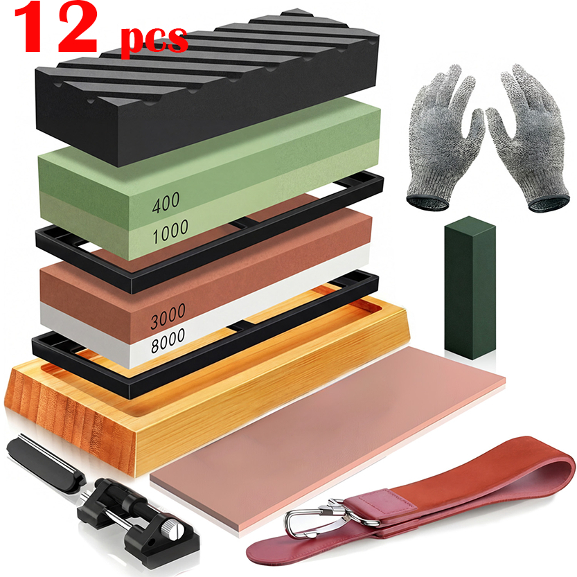 Kit 12 Peças Pedra Afiar Amolar Dupla Face 400/1000+3000/8000 Pedra De Amolar De Corindo Branco