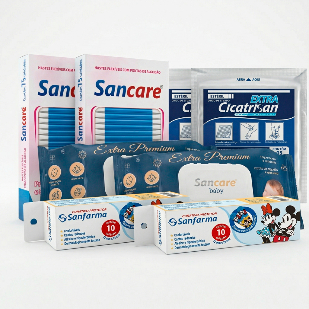 Kit de Higiene Para Bebê Lenço Umedecido infantil + Gaze + Band Aid + Cotonete Cuidados Pessoais